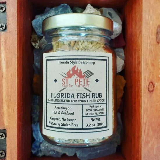 Florida Fish Rub | St. Pete Sauce Shoppe Florida Style Seasonings on pylon at Don’s Dock