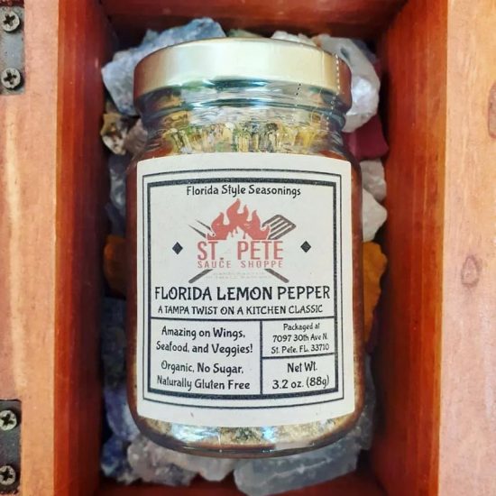 Florida Lemon Pepper | St. Pete Sauce Shoppe Florida Style Seasonings displayed on dock of seafood market