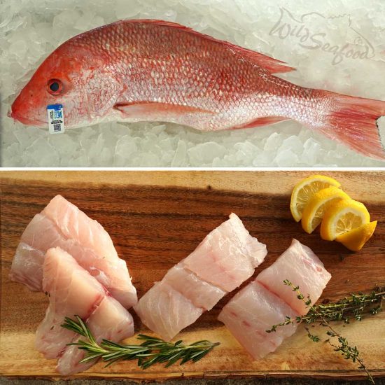 Red Snapper whole fish on ice and fillets on cutting board