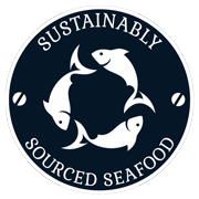 Sustainably Source Seafood with three fish in a circle to represent sustainability