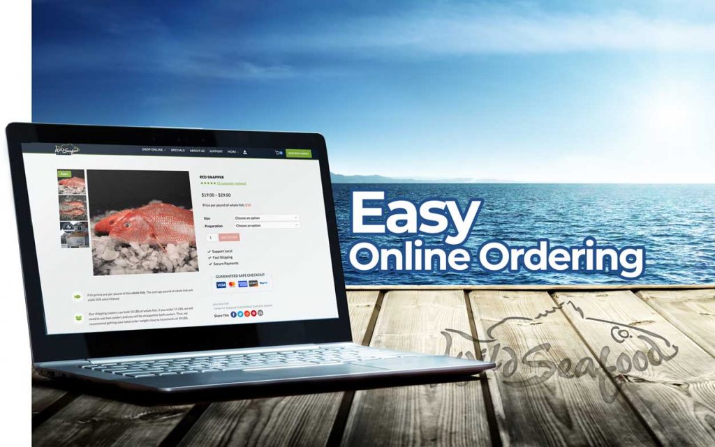 Laptop on dock ordering seafood online