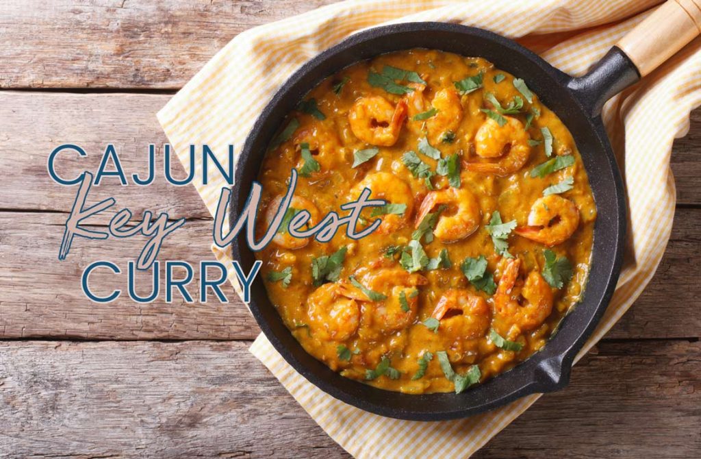 Dish of Cajun Key West Curry in hot cooking pan